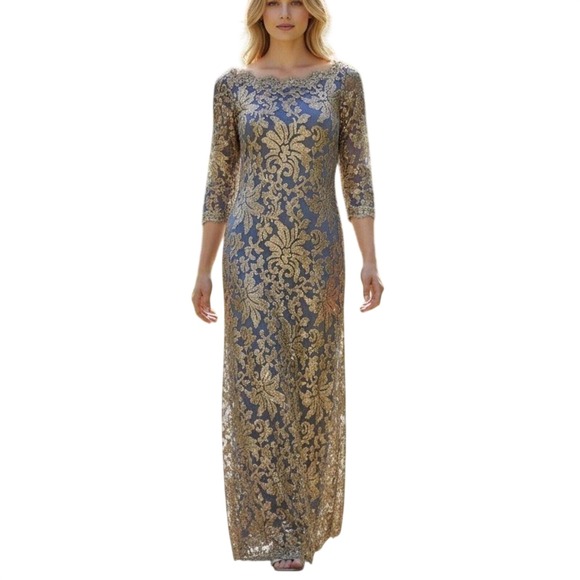 Tadashi Shoji Dresses & Skirts - Tadashi Shoji Navy Gold Sequin Maxi Dress Sz6 Metallic Lace Overlay Formal Gown